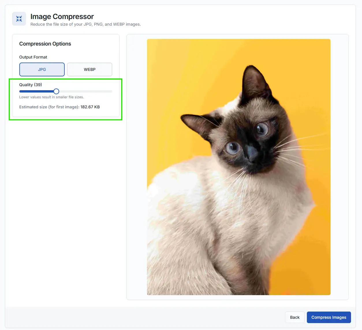 Adjusting the quality slider to find the perfect image compression.