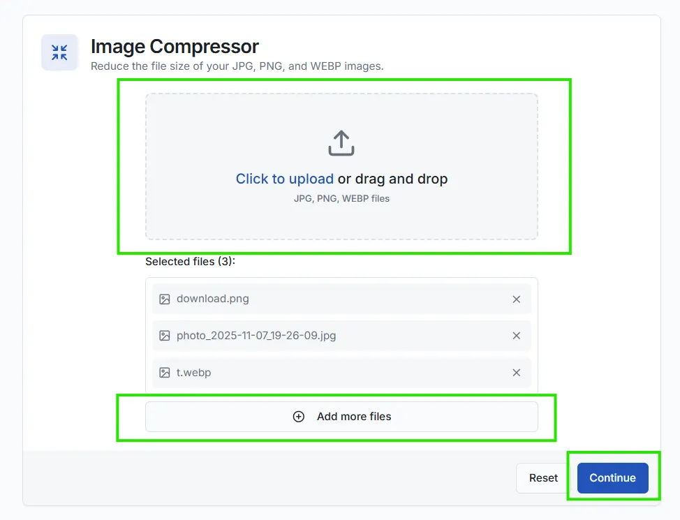 Uploading multiple images like a passport photo and signature for compression in the online tool.