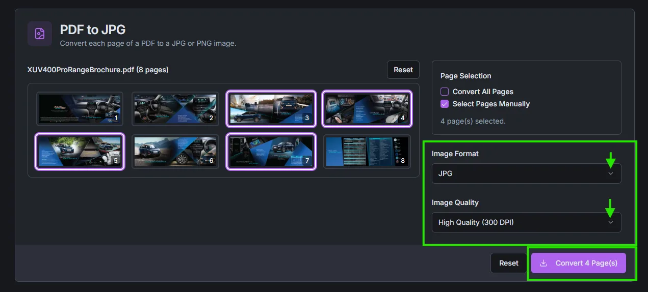 Choosing output format and quality for PDF to image conversion.