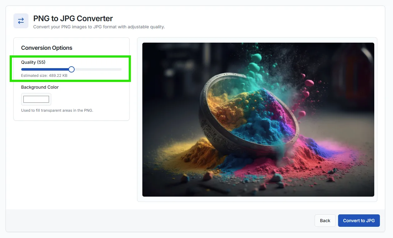 Quality slider interface showing adjustable JPG compression settings from 0 to 100 percent for converting PNG files