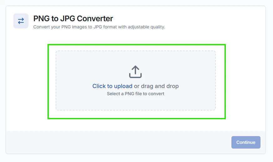 PNG to JPG converter upload interface with drag and drop area for image files in ToolCompanion