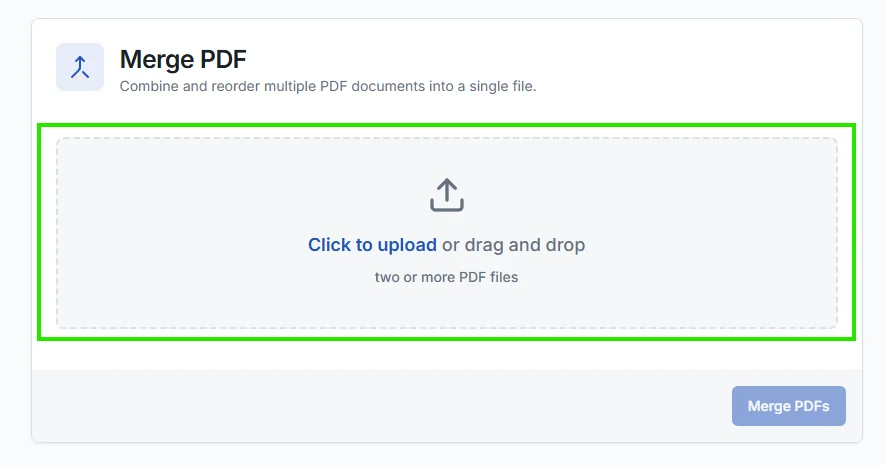 Upload a PDF file to merge pdf with the ToolCompanion tool.