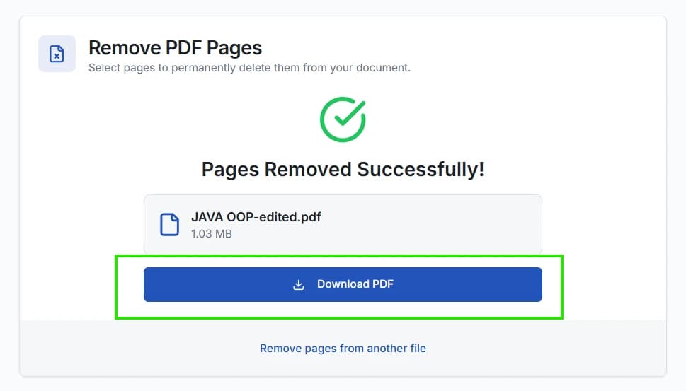 Download the new PDF file after removing pages.