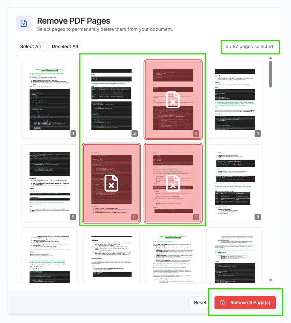 Selecting specific PDF pages for deletion in the visual editor.