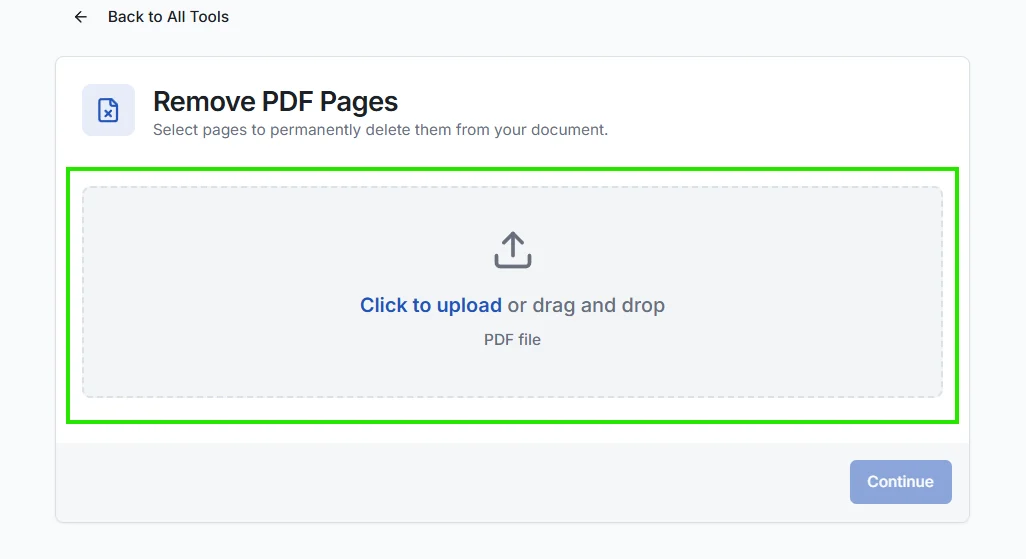 Upload a PDF file to remove pages with the ToolCompanion tool.