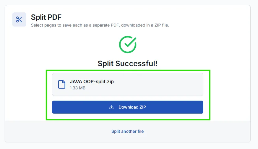 Download button showing Split PDF button and completed ZIP file ready for download with split PDF files