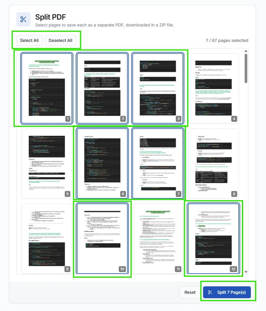 Split PDF tool interface displaying page thumbnails with Select All and Deselect All buttons for choosing pages to split