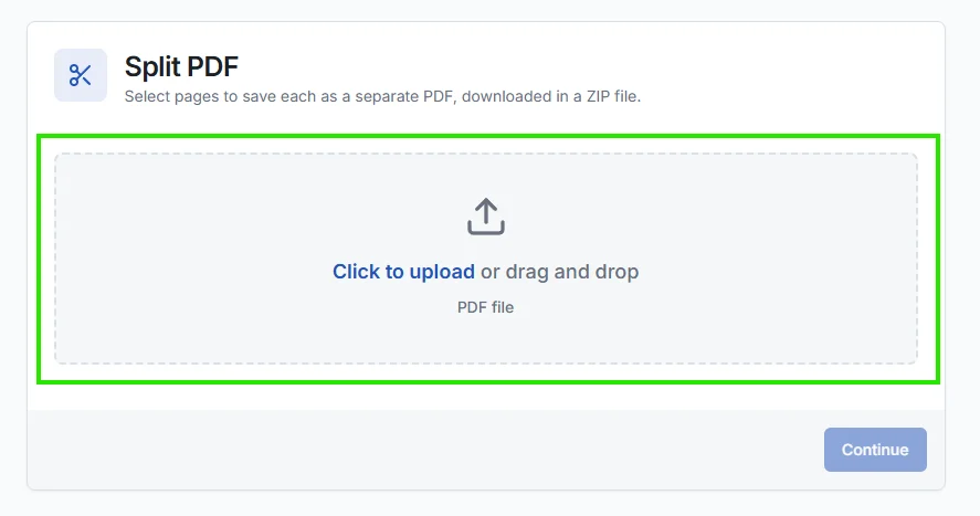 Upload PDF file interface showing drag and drop area for splitting PDF documents in ToolCompanion