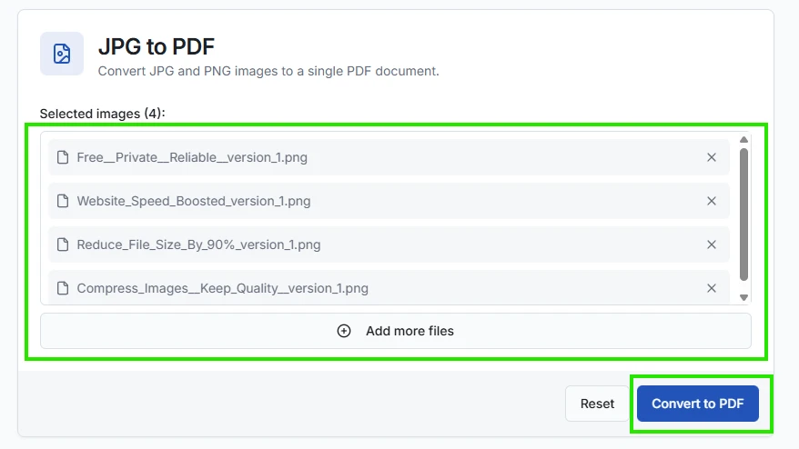 Uploading multiple images like jpg or png for jpg to pdf online tool.