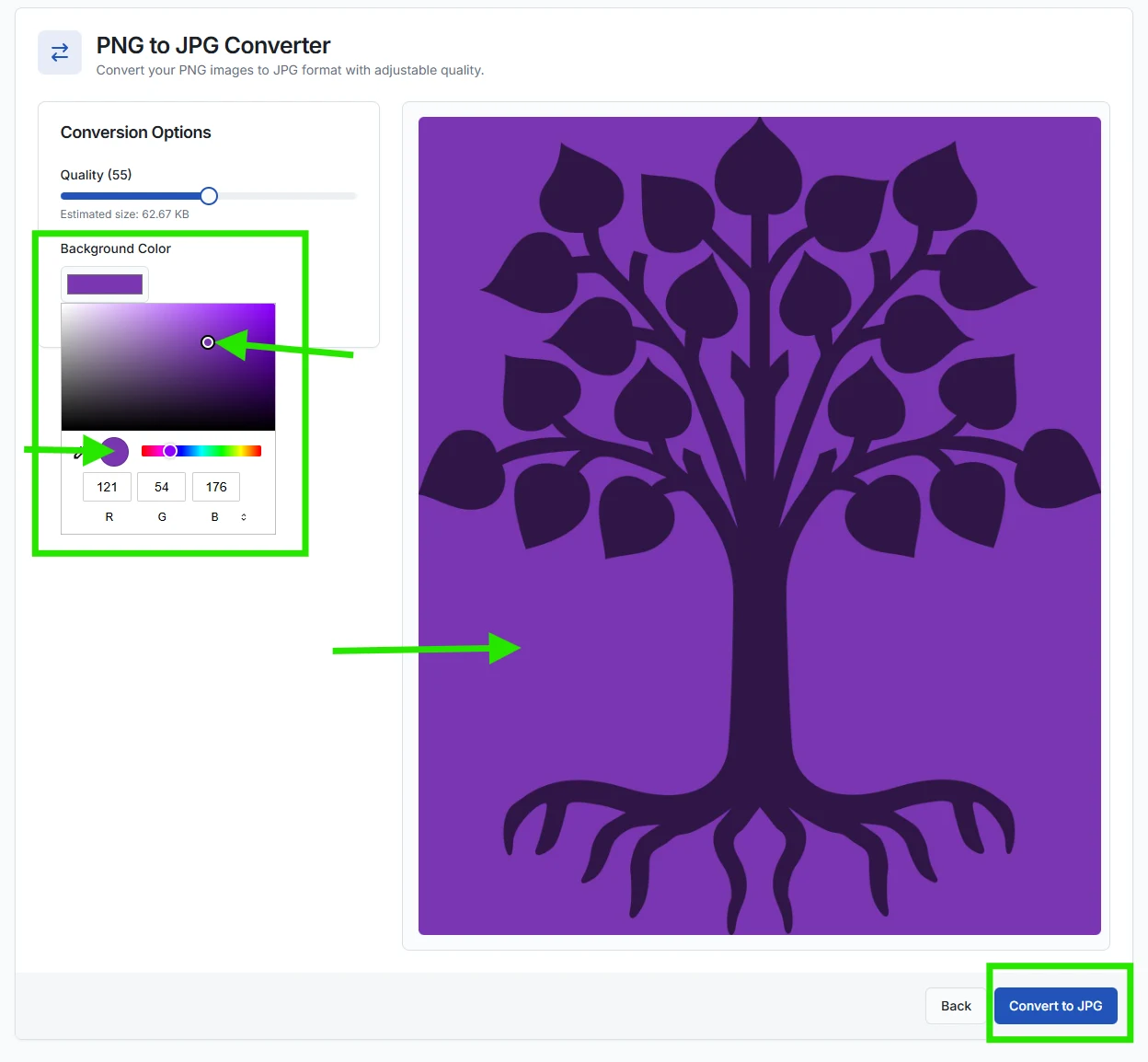 Background color picker tool showing white black and custom color options for replacing PNG transparency