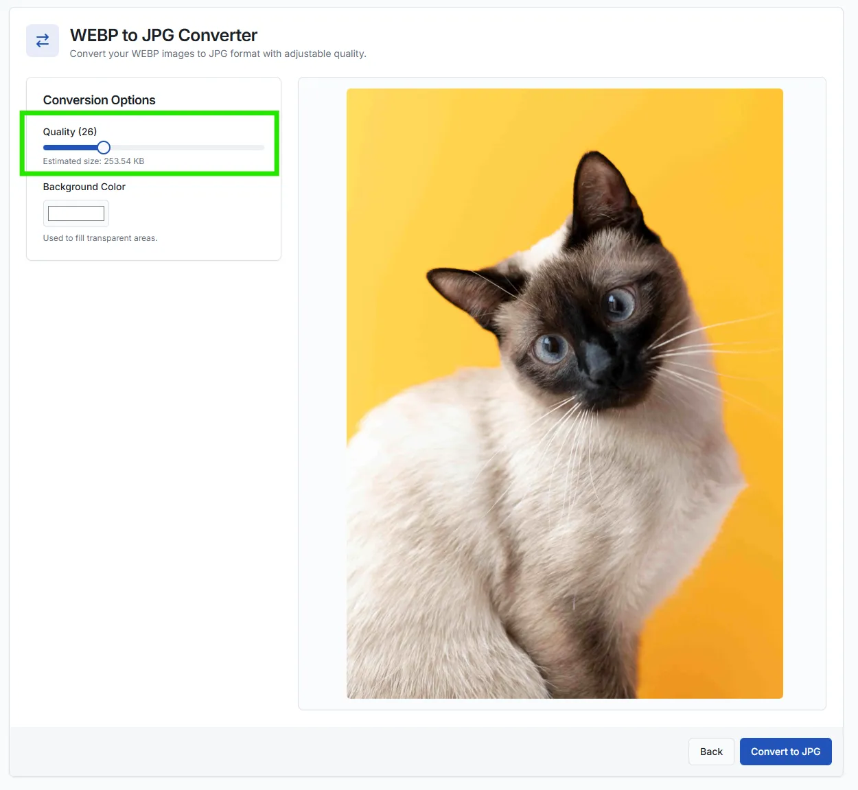 Adjust Quality Settings in webp to jpg converter.