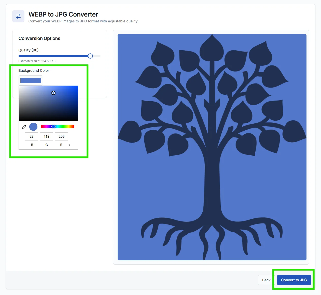 Set Background Color (If Your WEBP Has Transparency) in webp to jpg converter.