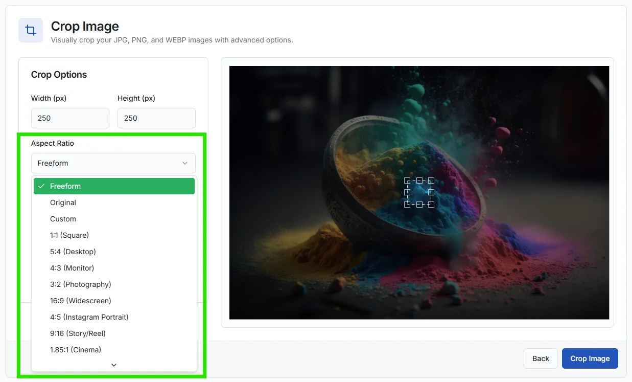 Selecting an aspect ratio preset for image cropping.
