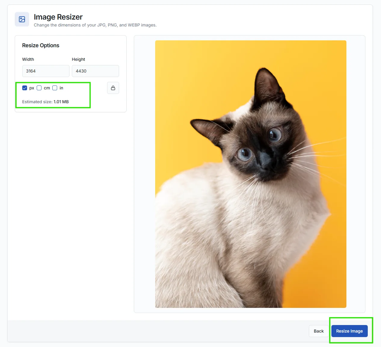 select Measurement Unit to resize an image.